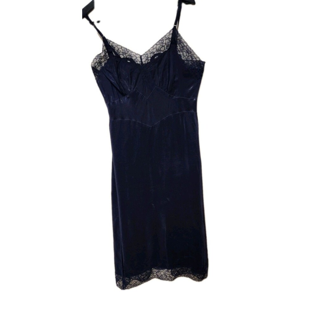 VTG 50-60s  Seamprufe Dark Blue Slip Dress Lingerie Nightgown Lace Size 34